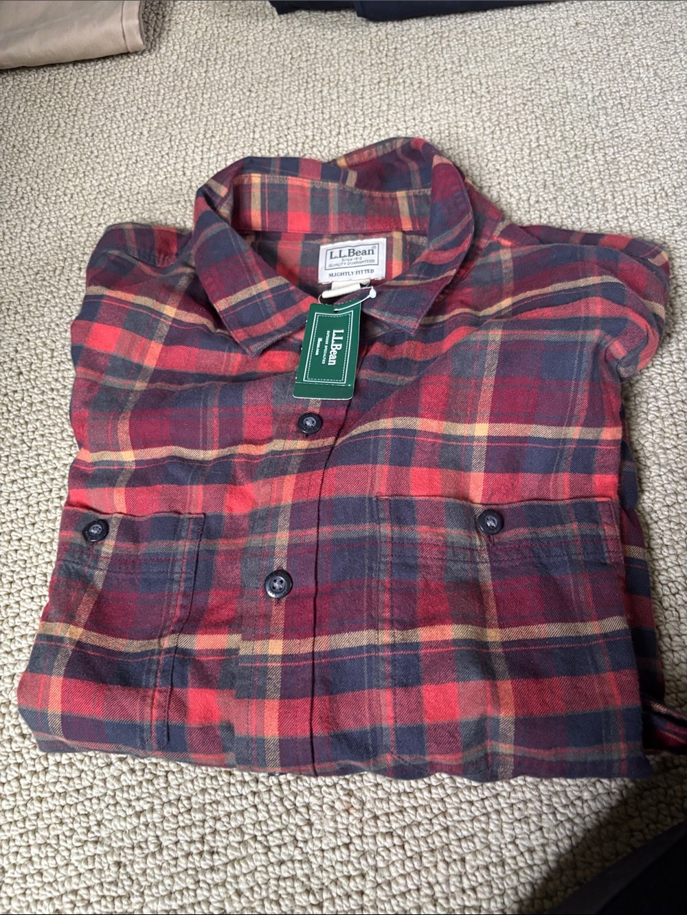 L.L. Bean Men's Red and Navy Plaid Button-Down Shirt